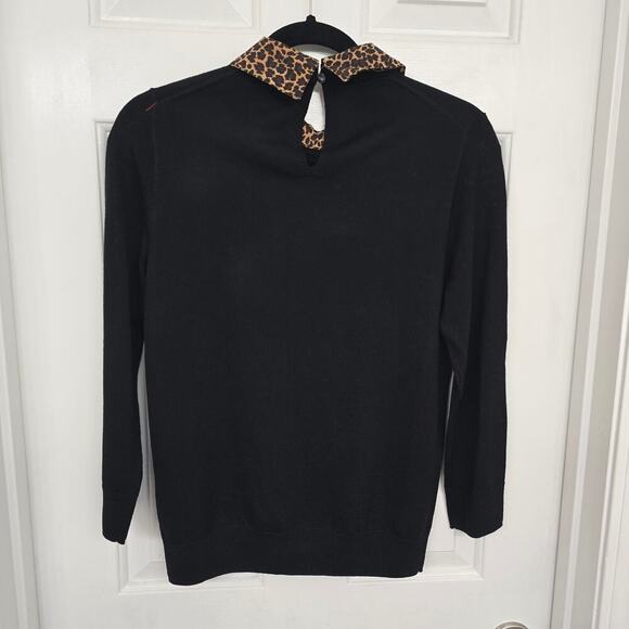 NWOT J.Crew Black Wool Sweater Sz S Leopard Print statement Collar Preppy Chic - Picture 3 of 9